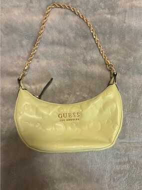 GUESS Pale Yellow Embossed Logo Chain-Handle Shoulder Bag